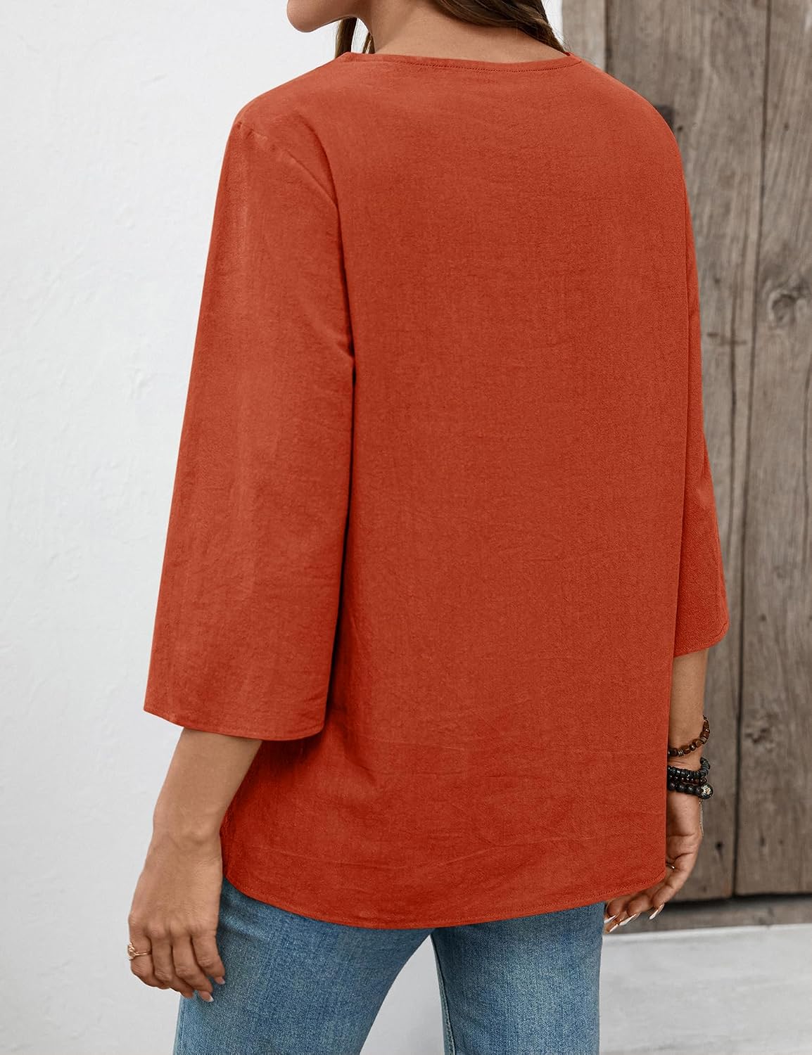 Thumbnail 3 de Lomon Women’s 3/4 Sleeve Cotton-Linen V-Neck Lace Top (Boho Loose Fit)