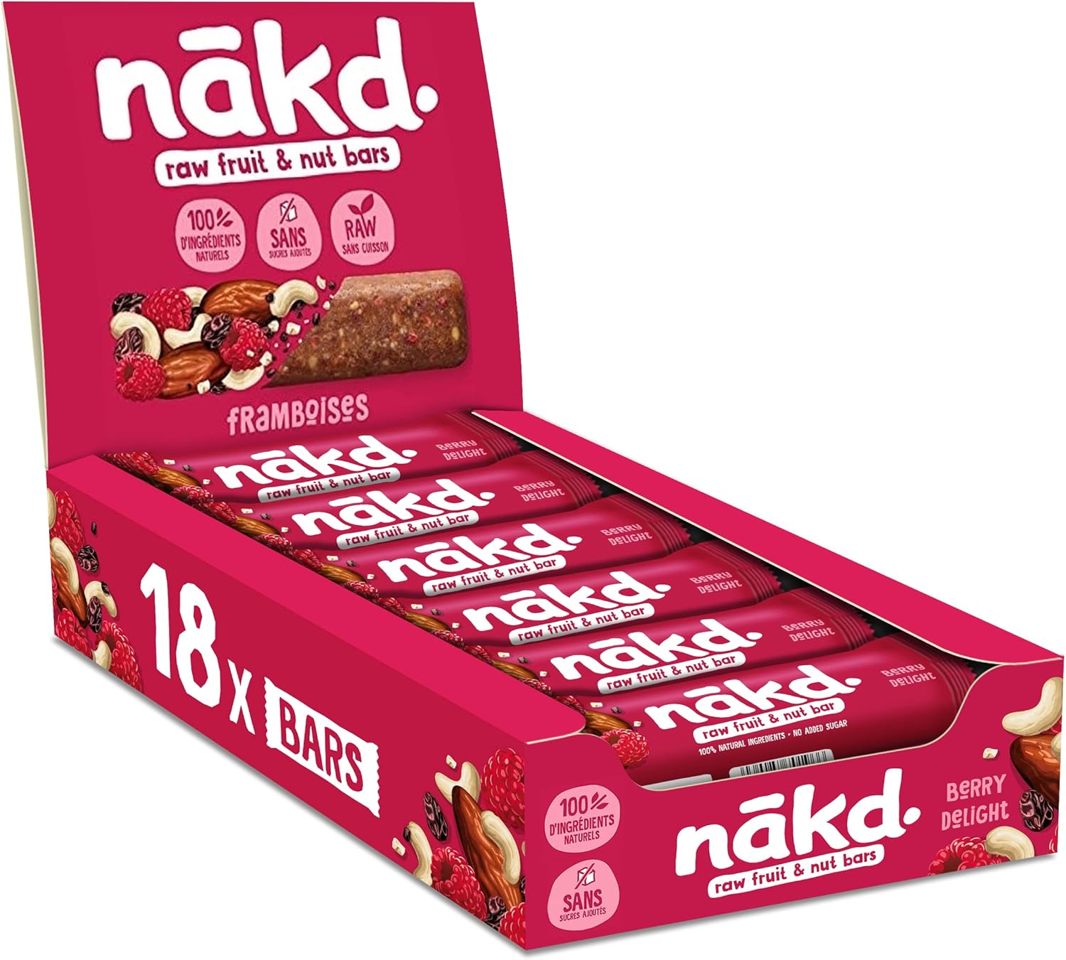 Detalle de Nākd. Framboises — Barres de fruits et noix crues, sans sucre ajouté, vegan, 18 x 35 g (630 g)