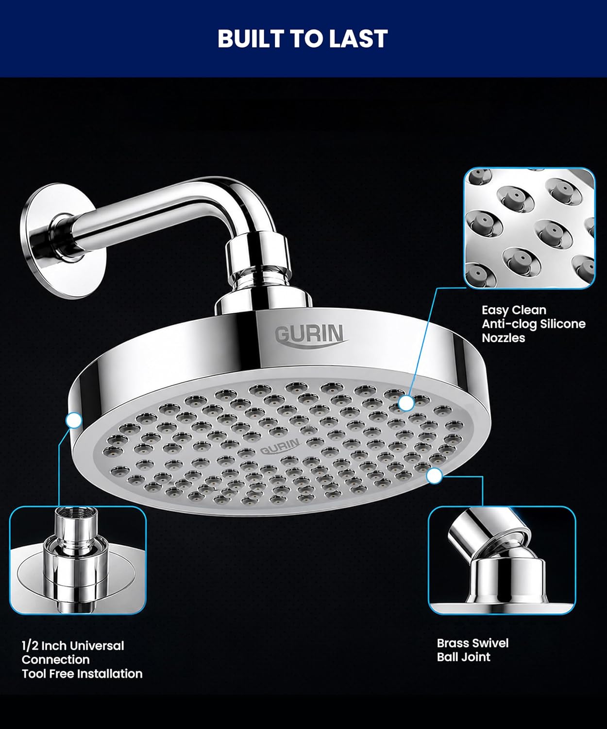 Detalle de GURIN Shower Head - Powerful High Pressure Rain Shower Head, 6-Inch Chrome with 90 Anti-Clog Nozzles