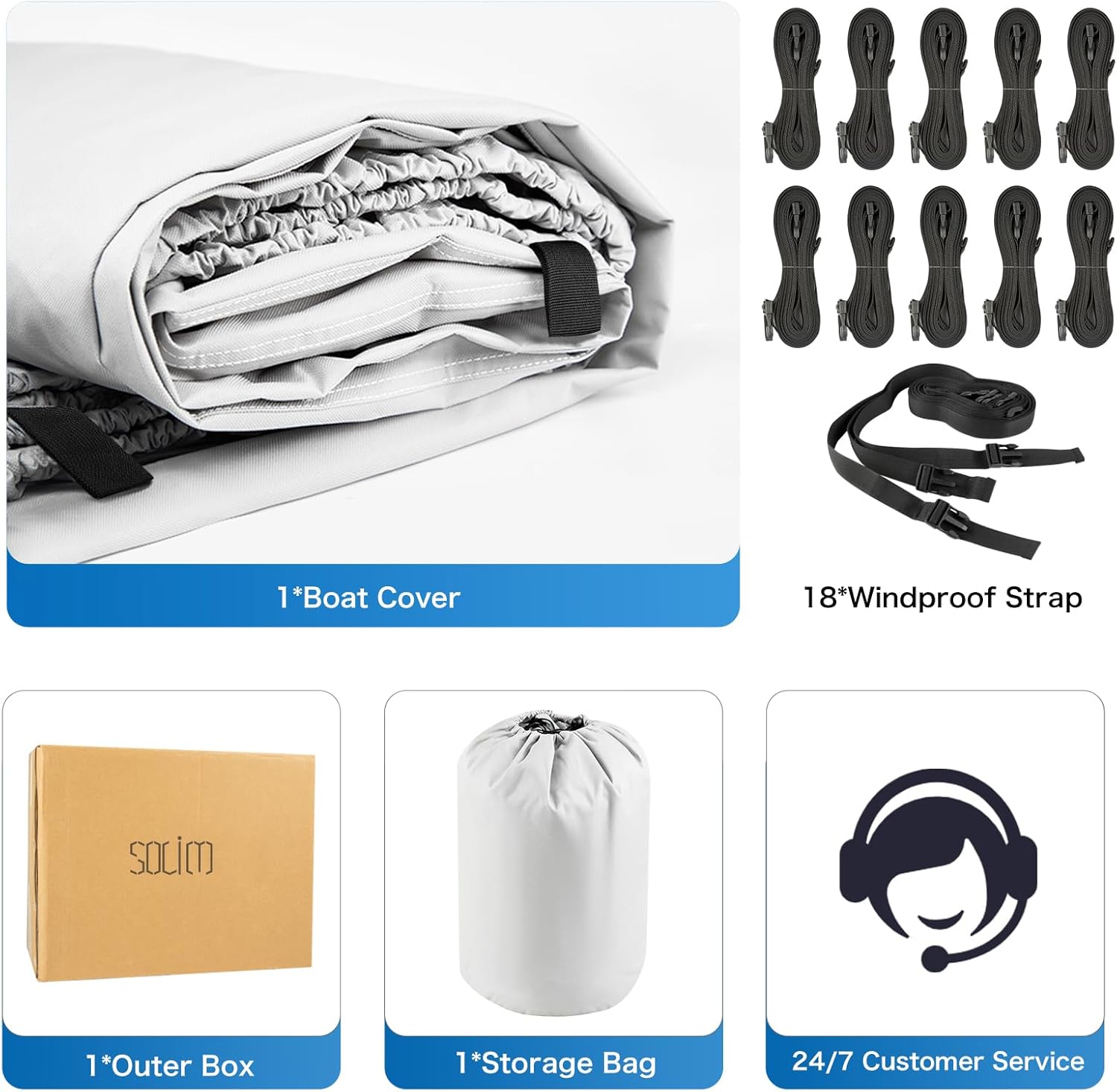Thumbnail 5 de Solim Trailerable 1200D PU Heavy Duty Pontoon Boat Cover (22–24 ft) with Adjustable Tie-Down Straps, Gray