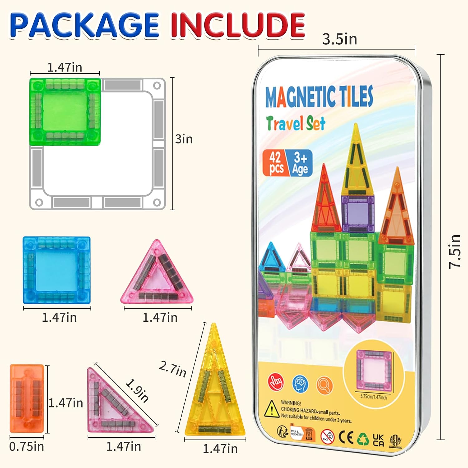 Detalle 2 de Mini Magnetic Tiles Travel Set 42PCS: Compact, Educational Magnetic Building Blocks for 3+ Kids
