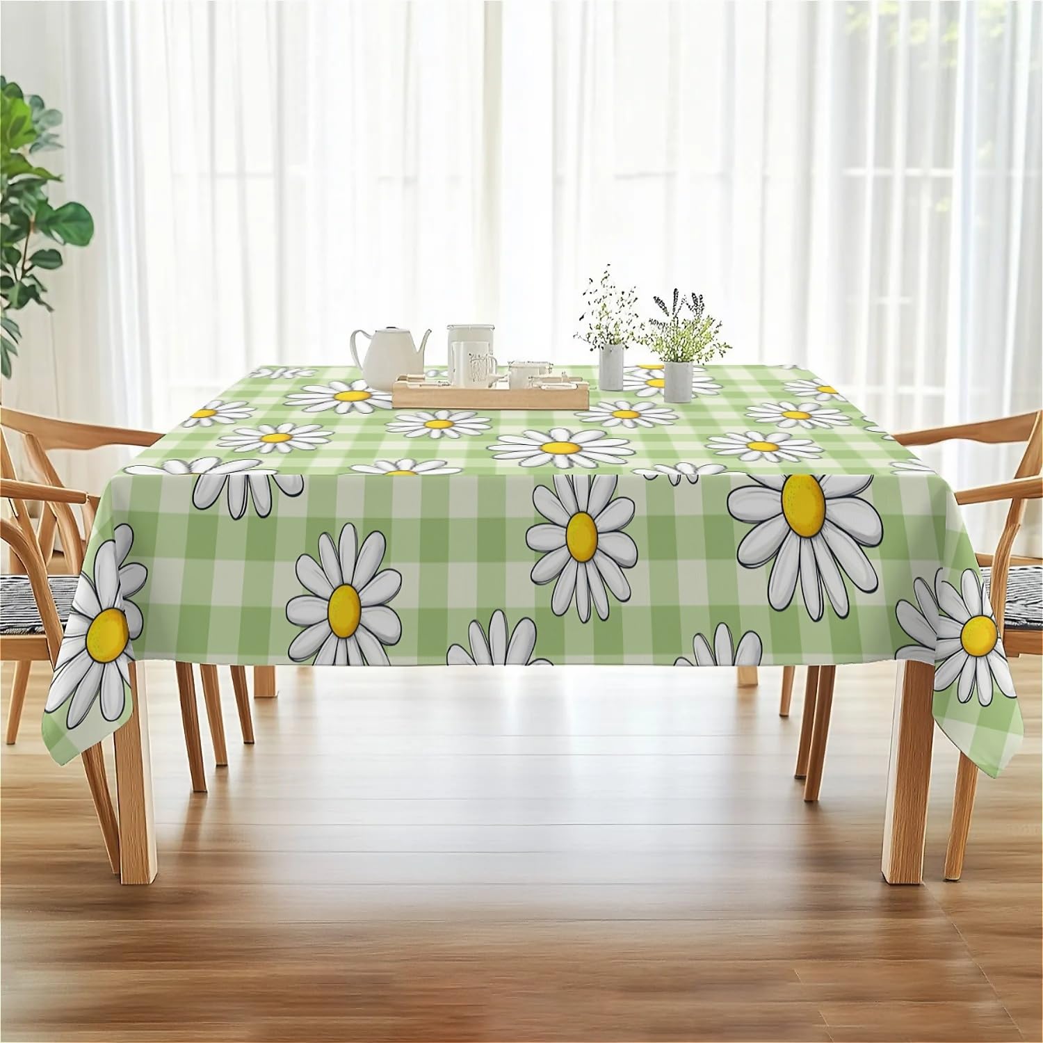 Thumbnail 5 de artslion Rectangle Waterproof 60x84in Wipeable Table Cover – Green Checkered Daisy Flowers (Non-PVC Fabric)