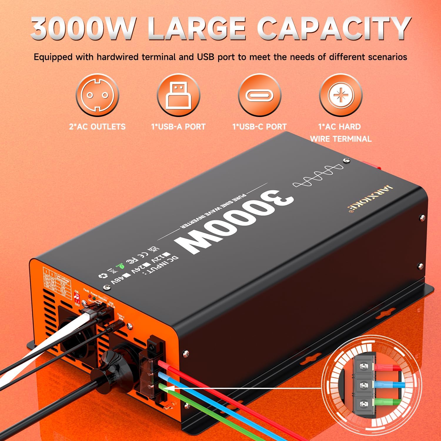 Detalle de Inverter 12V-220V a onda sinusoidale pura 3000W con LCD e telecomando (USB-A e USB-C) per batterie 9,5–11V