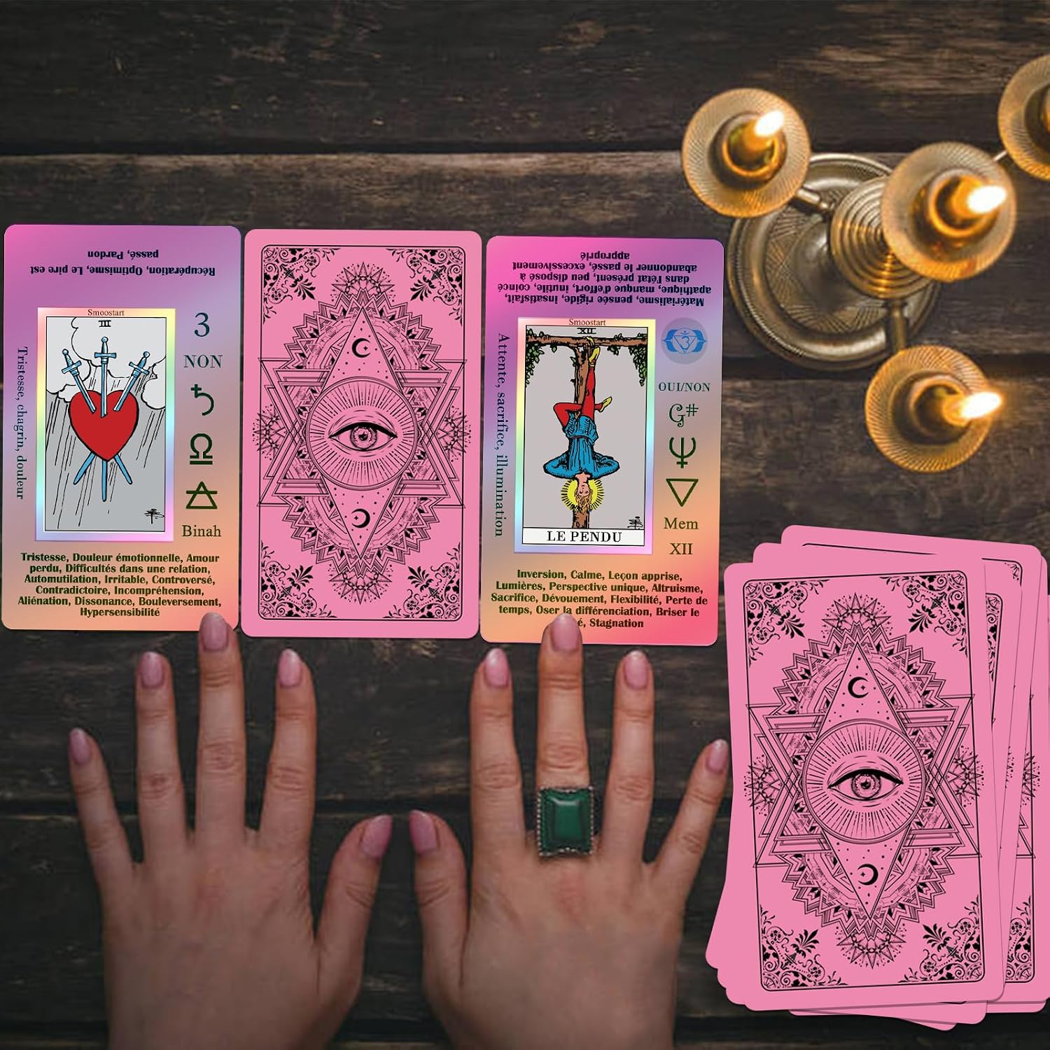 Detalle de Smoostart Rose – Cartes de Tarot Français pour Débutants avec Guide et Significations holographiques