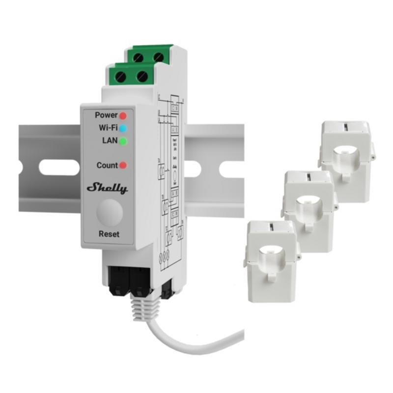Detalle de Shelly Pro 3EM: Módulo Wi‑Fi/Bluetooth con medidor de consumo trifásico para monitorización eficiente