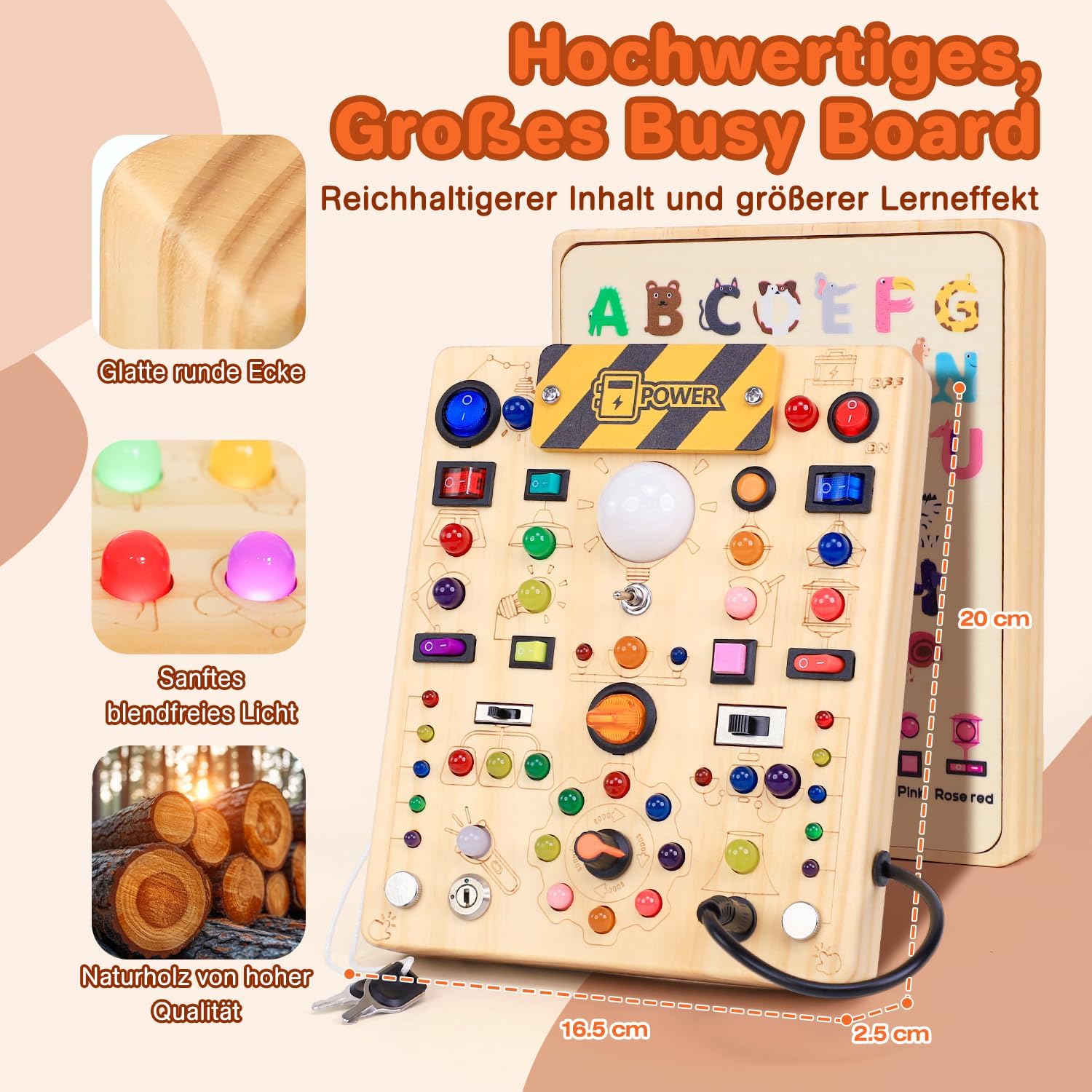 Thumbnail 3 de Montessori Busy Board aus Holz ab 1 Jahr mit 19 Schaltern und 40 LED-Leuchten (Activity Board)