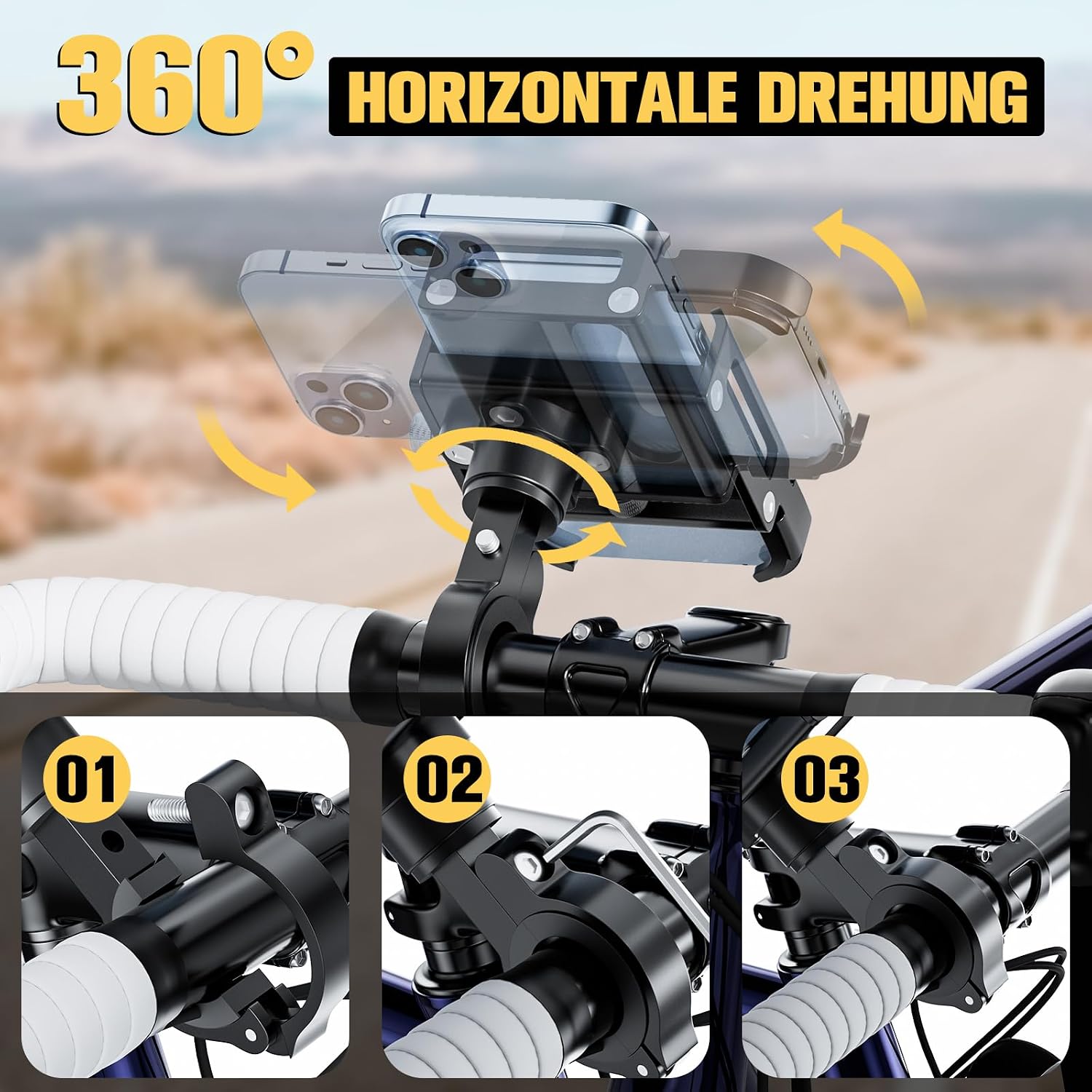 Detalle de DN DENNOV Porta Cellulare Bici: supporto in alluminio con rotazione a 360° e fissaggio universale 60–100 mm