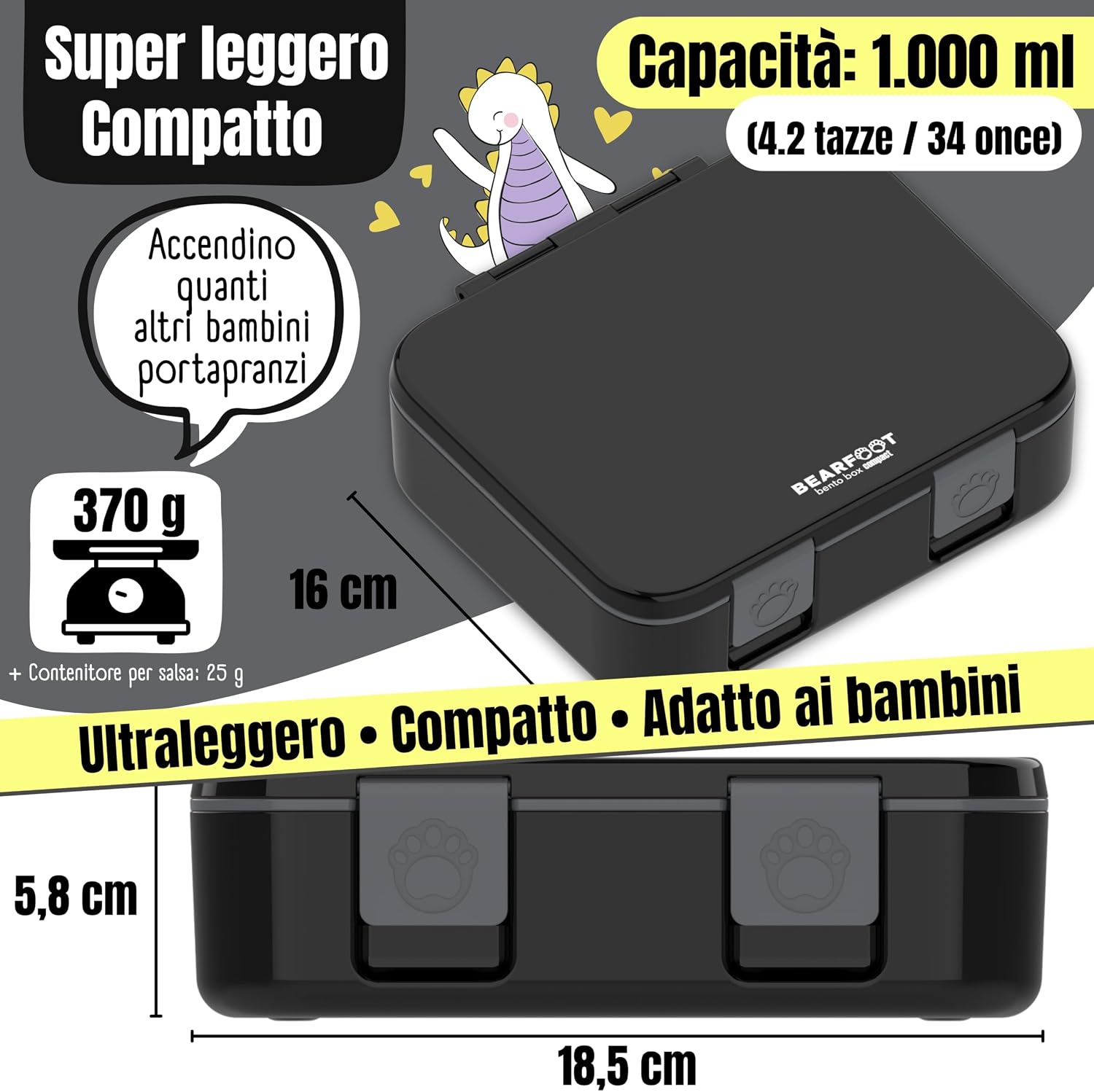 Thumbnail 1 de BEARFOOT Porta Pranzo Bambini Compatto 1000 ml: lunch box ermetica, BPA-free e personalizzabile
