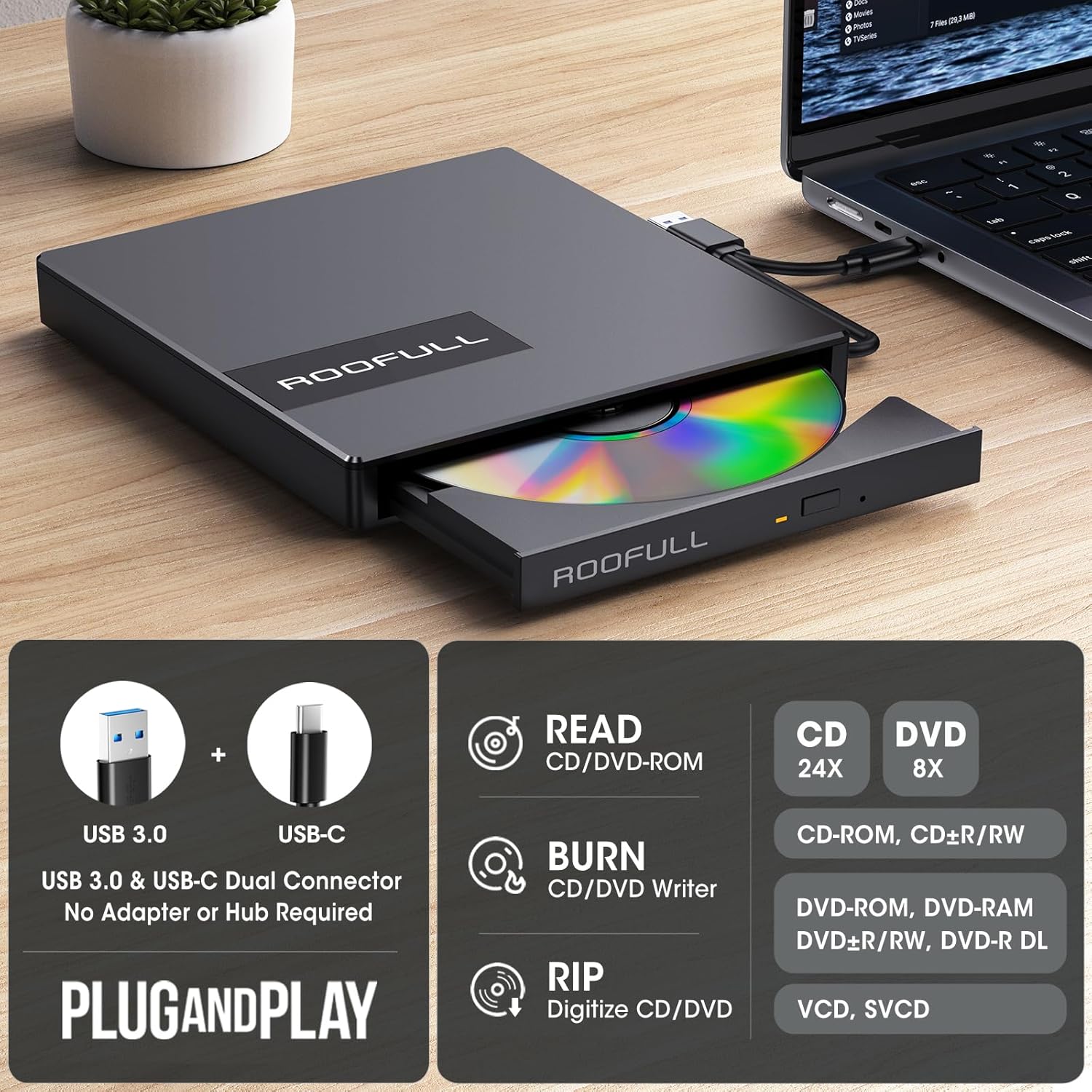 Detalle 2 de ROOFULL RF40-SU External CD DVD Drive 8-in-1 đź“€