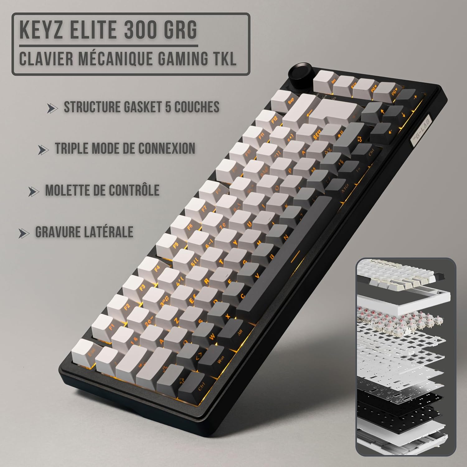 Detalle de The G-Lab KEYZ ELITE 300 GRG – klawiatura gamingowa 75% AZERTY, tri-mode, hot-swap