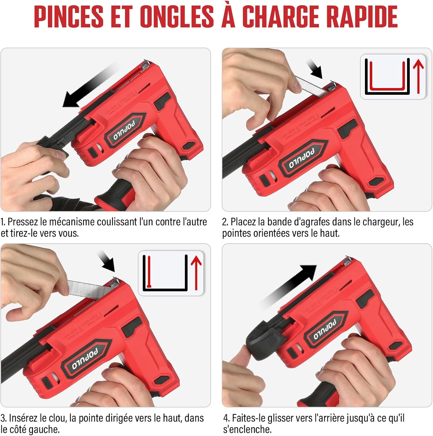 Thumbnail 6 de POPULO Agrafeuse électrique 2-en-1 sans fil 4 V — kit complet avec USB-C, arrache-clou et 1200 agrafes / 400 clous