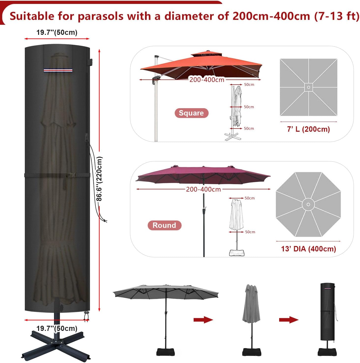 Detalle 2 de LAMUNI Housse de Protection pour Parasol Déporté Ø300 cm – Housse extérieure résistante, with tige et ventilation
