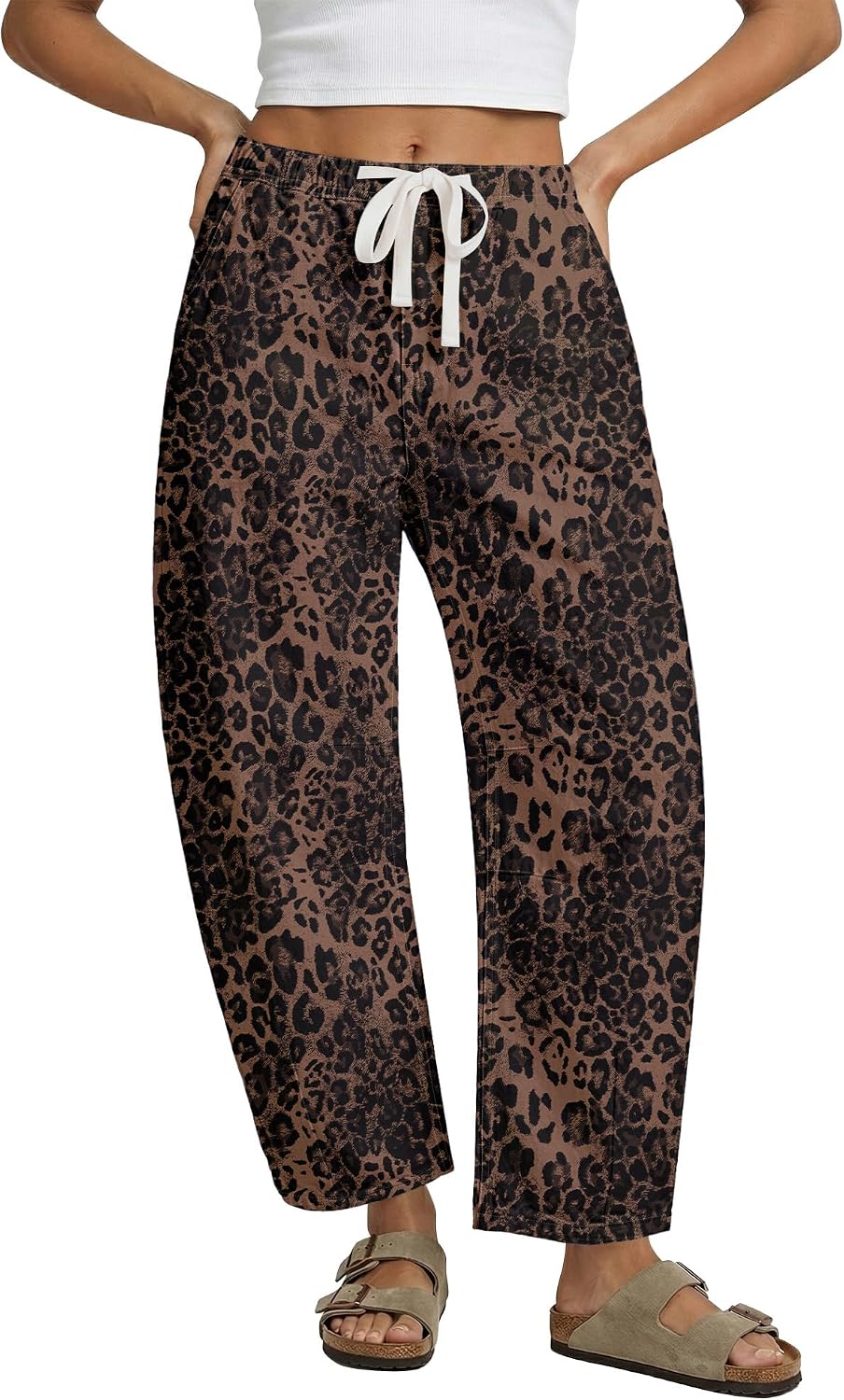 Detalle de GRAPENT Barrel Jeans for Women: High-Waisted Pull-On Leopard Cropped Wide-Leg Denim