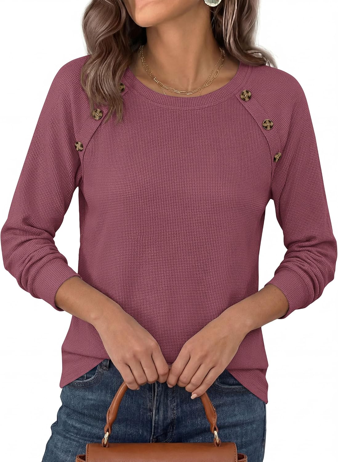 Detalle 2 de PRETTYGARDEN PR1559 Women's Waffle-Knit Tunic Top with Raglan Sleeves