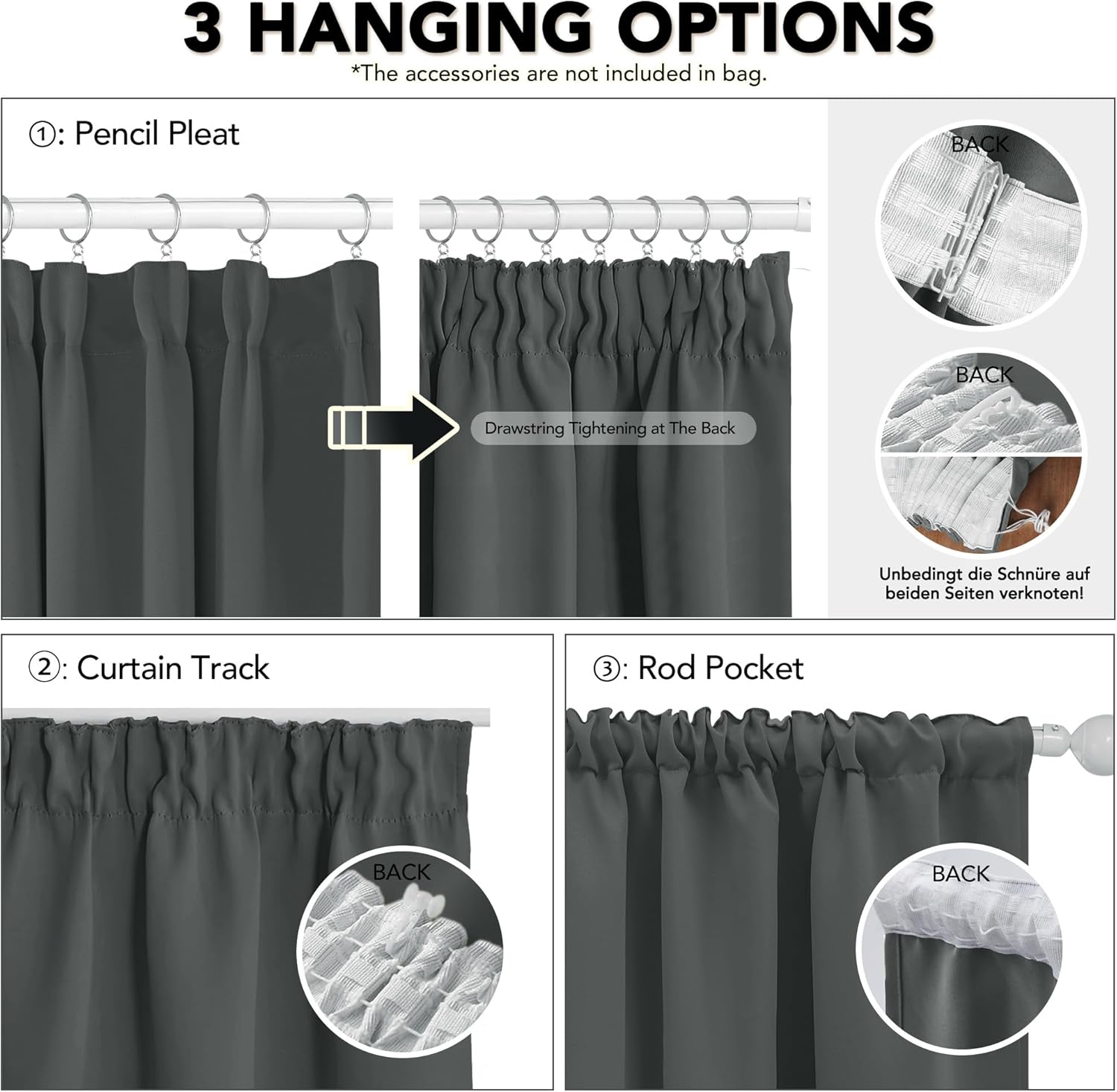 Thumbnail 3 de Deconovo Super Soft Solid Pencil Pleat Curtains – Dark Grey, 2 Panels, W55 x L69 Inches