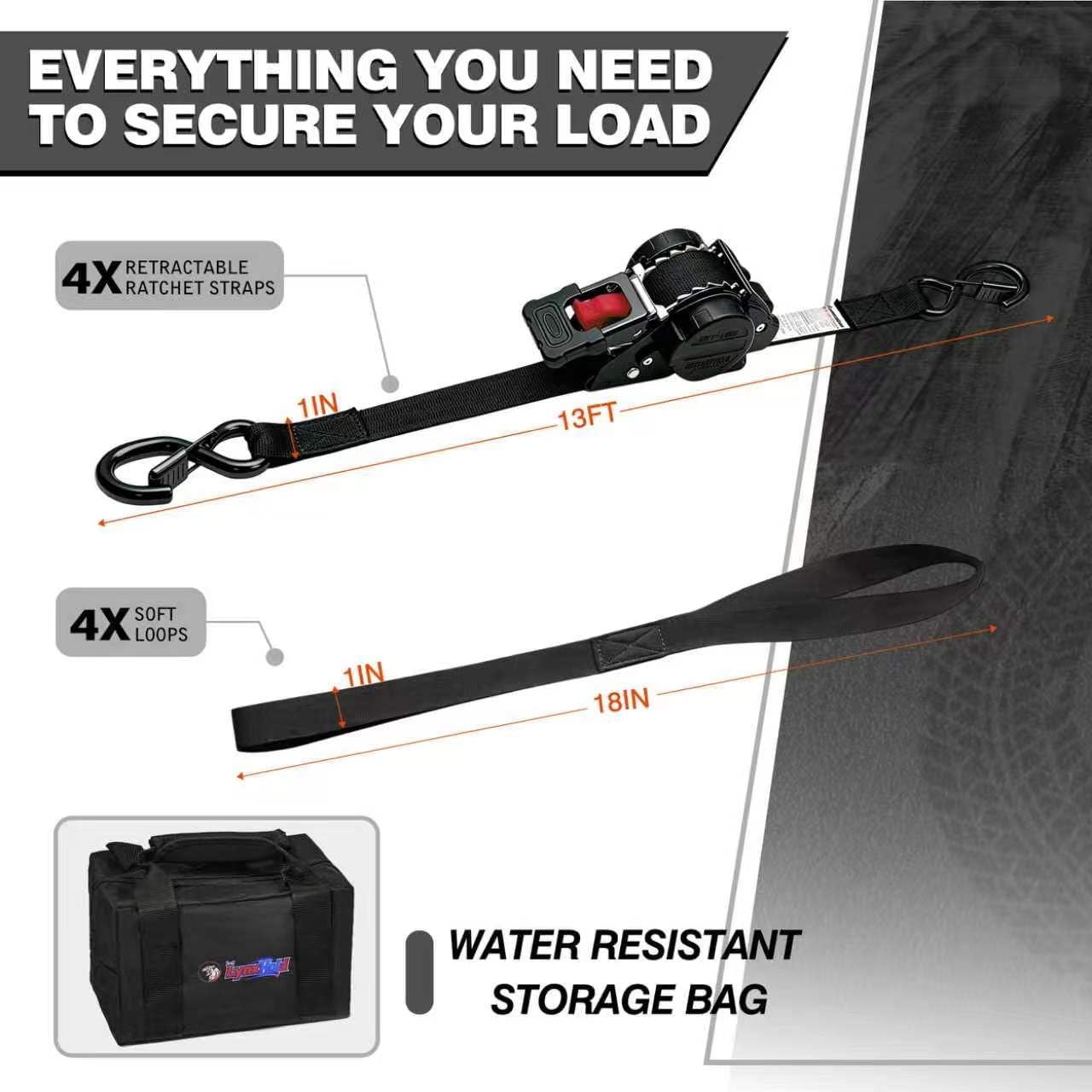 Thumbnail 3 de Retractable Ratchet Straps 1in x 13ft (4-Pack) — Heavy-Duty Auto Slow Retraction Tie-Downs for Truck, Trailer, Motorcycle & More
