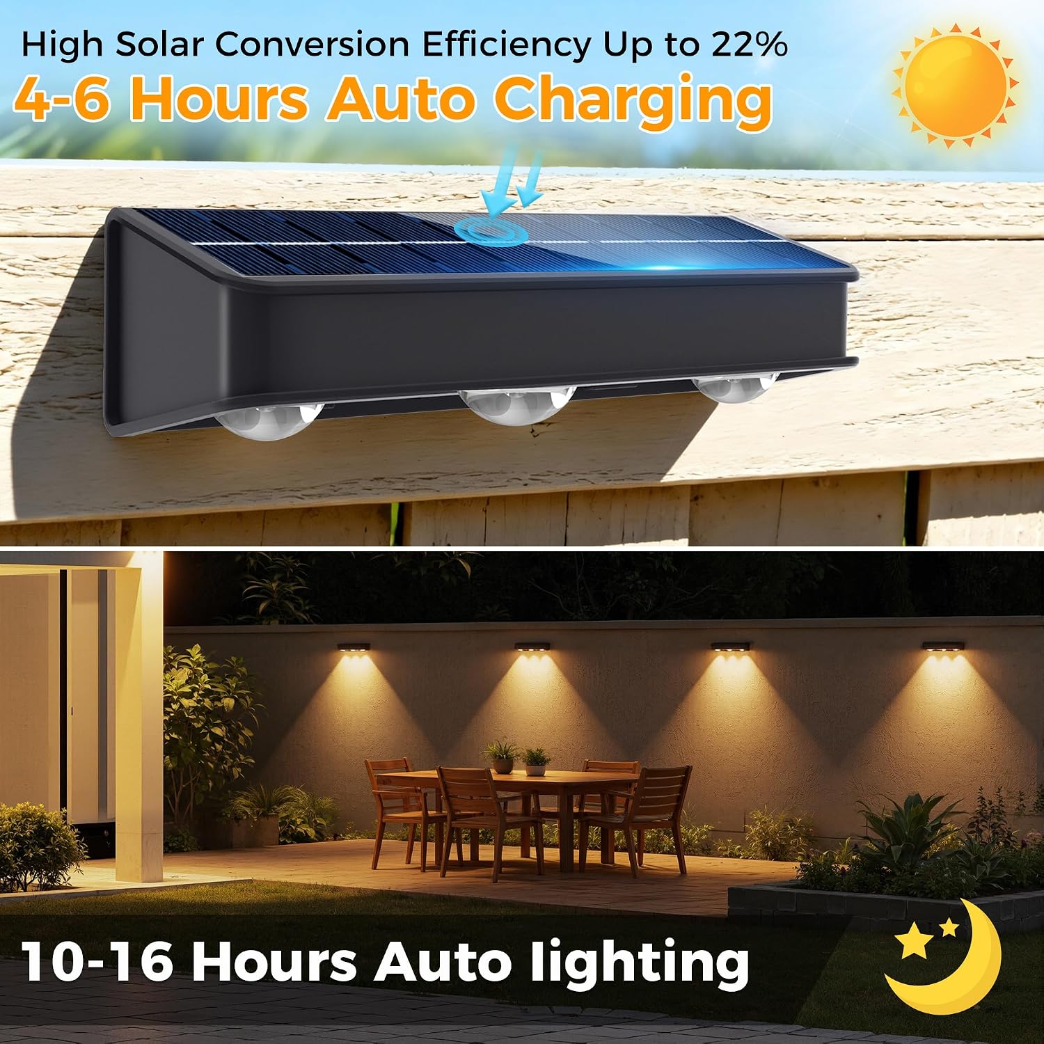 Detalle de sununiny Solar Fence Lights Outdoor (4 Pack) – triple-lens LED wall lights with 3 colour modes