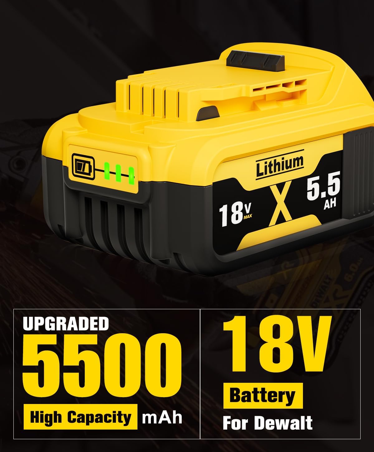 Detalle 2 de 2 x 18V 5500mAh Li-Ion Battery Replacement for Dewalt 18V Tools with LED Indicator