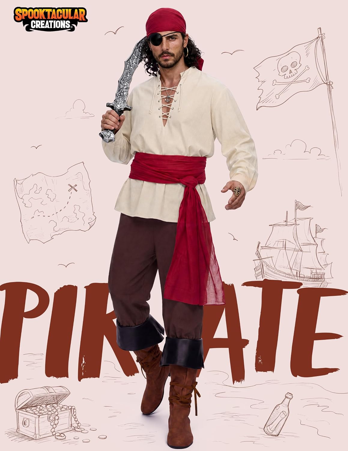 Detalle 2 de Spooktacular Creations Men's Pirate Costume, Polyester