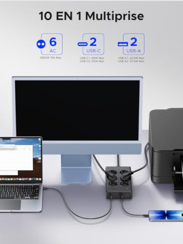 Detalle de UGREEN 10 en 1 Multiprise PD 65W USB-C (6 prises AC) + 2 USB-C + 2 USB-A