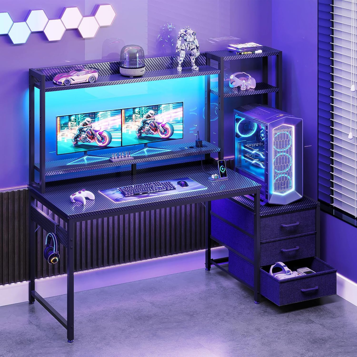 Thumbnail 1 de Coleshome Scrivania Gaming con libreria e cassetti, 120×48 cm, LED e presa di corrente in fibra di carbonio nero
