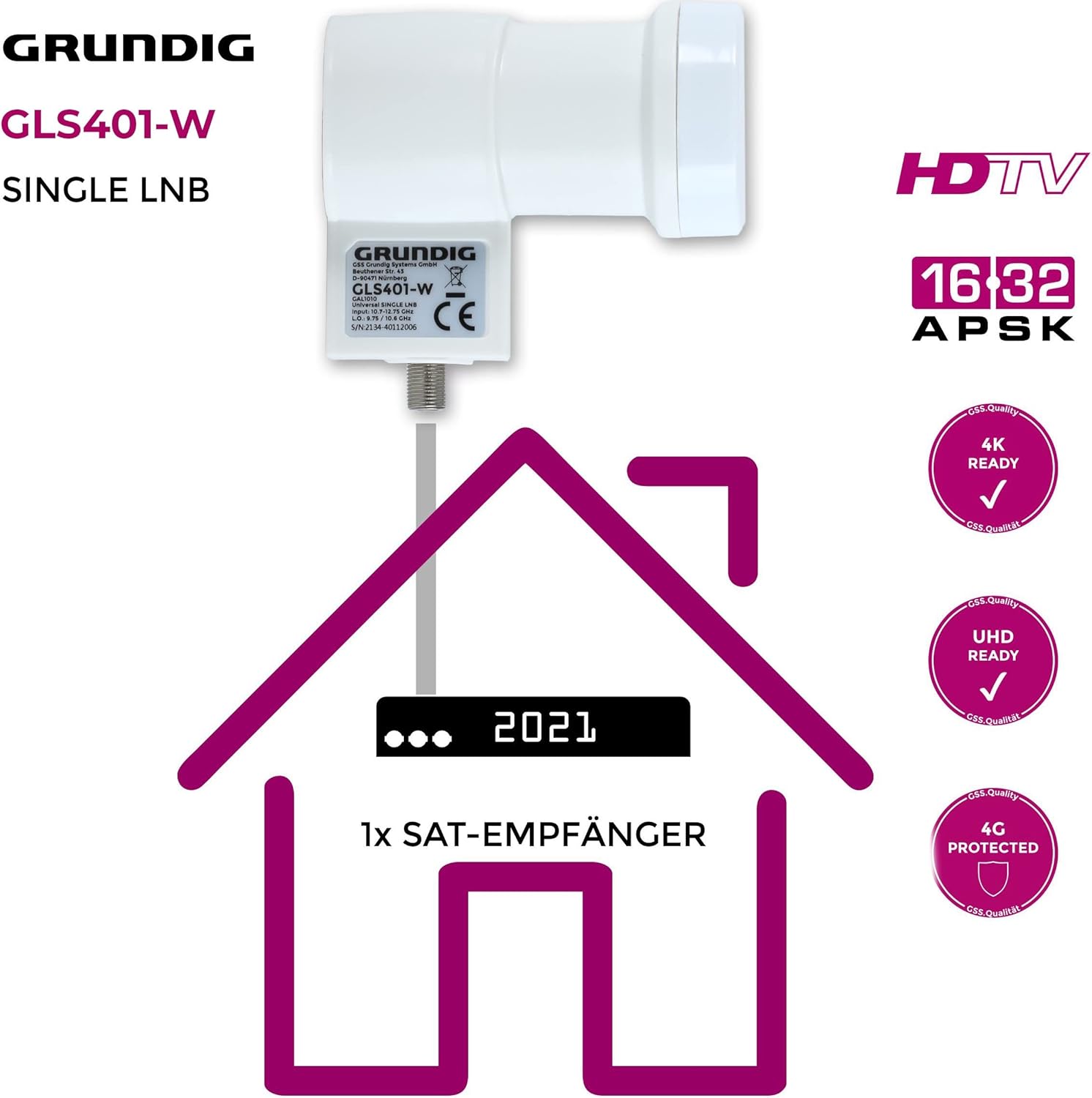 Detalle de GSS Single LNB Weiß mit LTE-Filter – 1 Teilnehmer, wetterfest, Full HD/4K