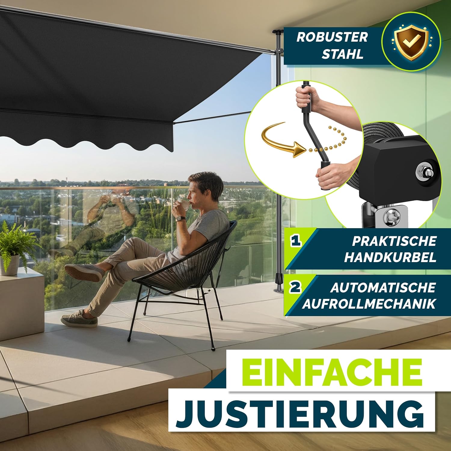 Thumbnail 4 de tillvex Klemmmarkise mit Handkurbel für Balkon (ohne Bohren) – Anthrazit, 250 cm