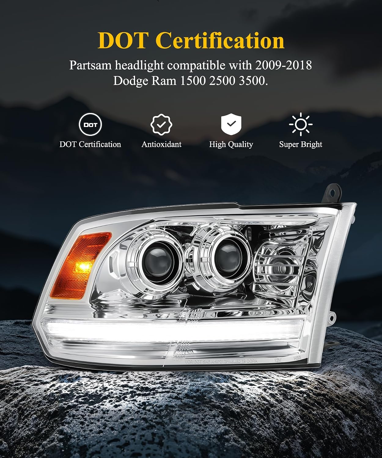 Thumbnail 5 de Partsam Full LED Chrome Headlights Assembly for Ram (2009-2018, 2019-2023 Ram 1500 Classic) – Dual Projector, DOT Approved