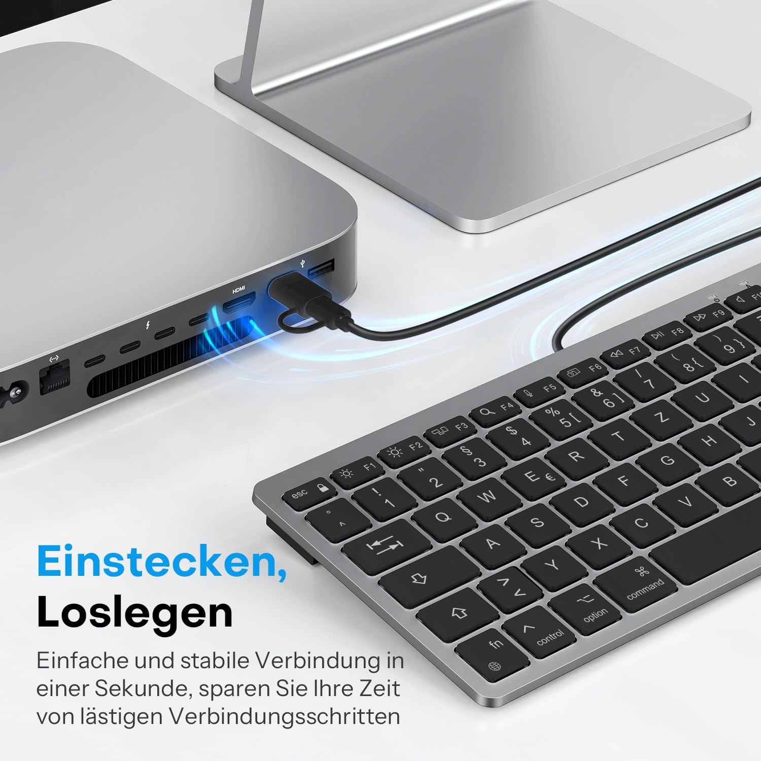 Detalle 2 de OMOTON kabelgebundene Mac-Tastatur mit Dualanschluss (Type-C/USB) QWERTZ, flüsterleise Tasten, grau