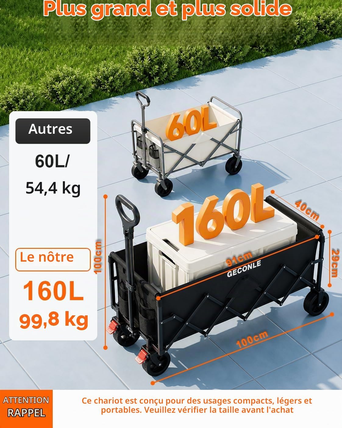 Detalle 2 de GECONLE Opvouwbare bolderkar van 160 l, tot 100 kg, met draaibare wielen