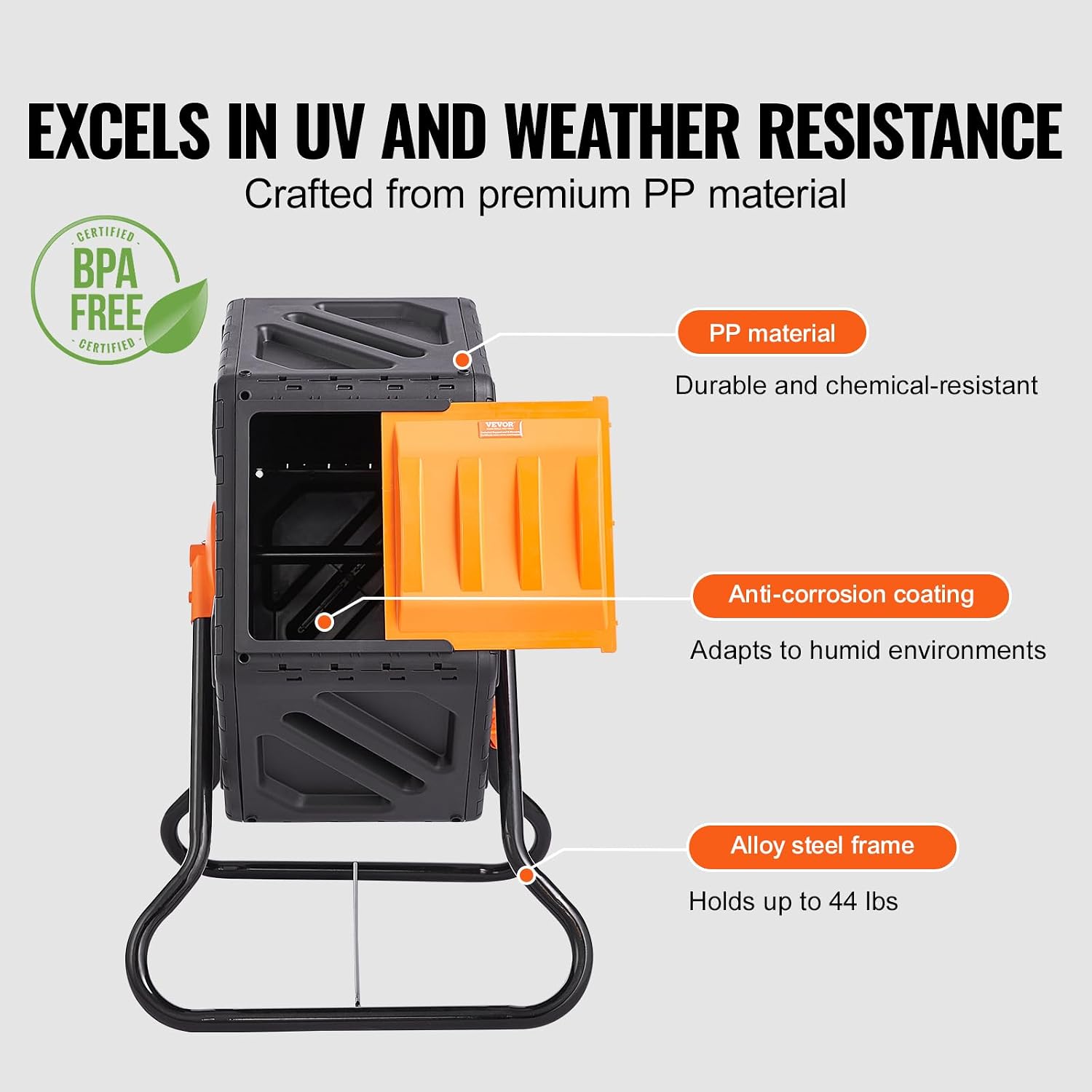 Detalle de VEVOR Composteur de Jardin Rotatif 70 L – Bac à Compost 360° en PP et Acier sans BPA
