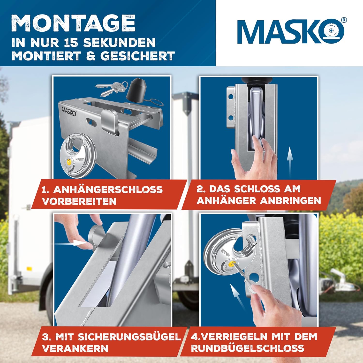 Detalle 2 de MASKO® Anhängerschloss mit Stecksystem für angekoppelte & abgekuppelte Anhänger (Rundbügel-Schloss, Schlüssel, Schutzkappe) – Silber