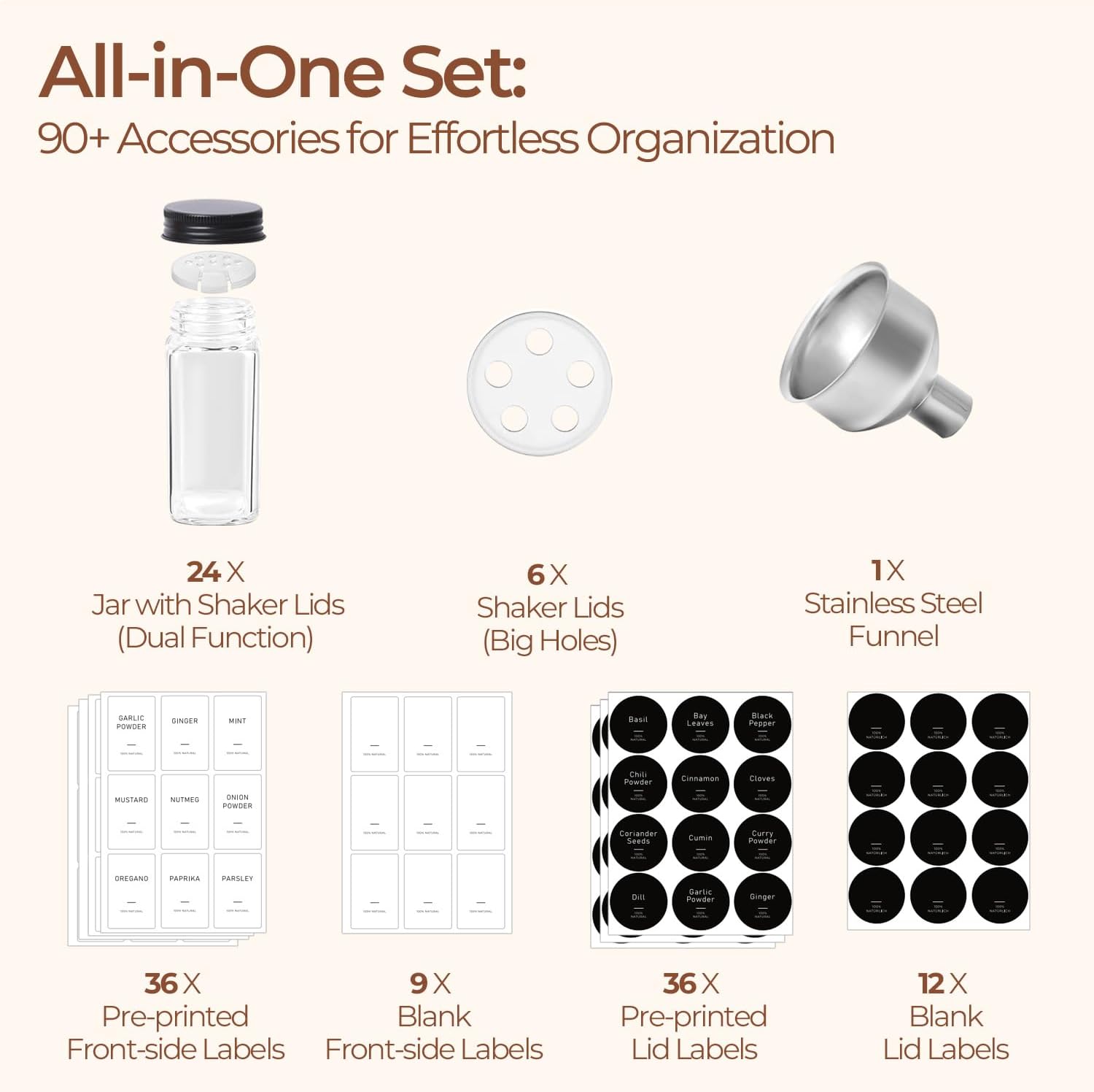 Detalle 2 de ComSaf Aesthetic Minimalist Glass Spice Jars with Labels — 24 Pcs, 4oz with 93 Labels and Extras
