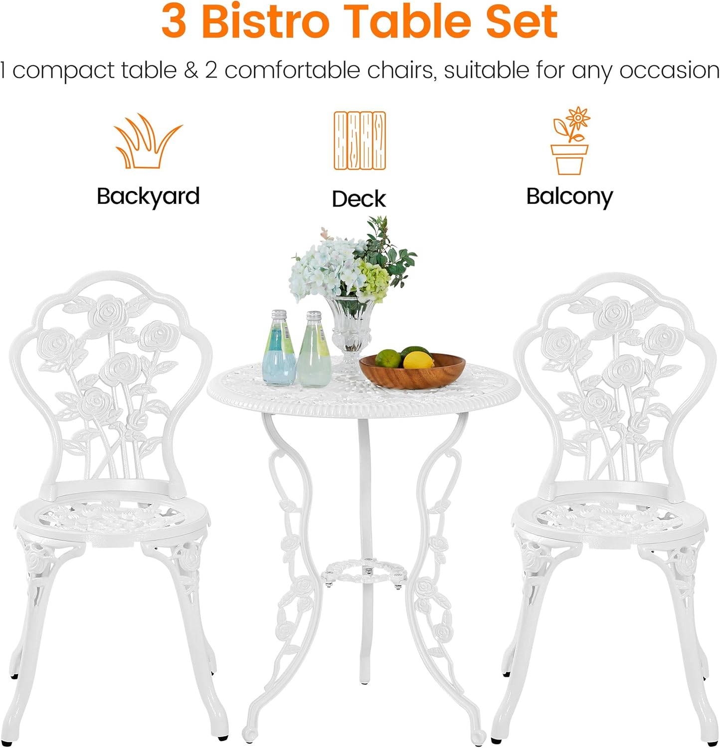 Thumbnail 6 de Yaheetech Set Tavolo e Sedie da Giardino 3 pezzi con 2 Sedie Bistrò Veranda – Motivo Rosa Vintage in Alluminio Bianco