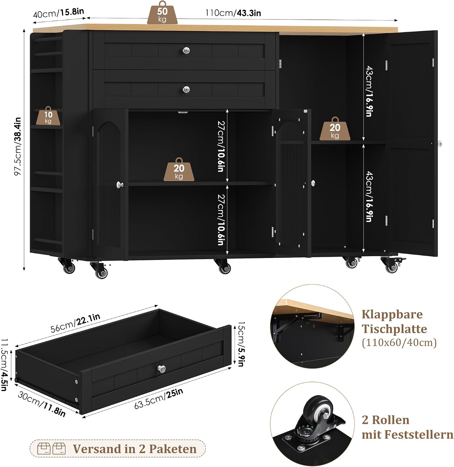 Detalle de FirFurd M218 Kitchen Island with Folding Worktop, Wheels, 2 Drawers and 3 Doors