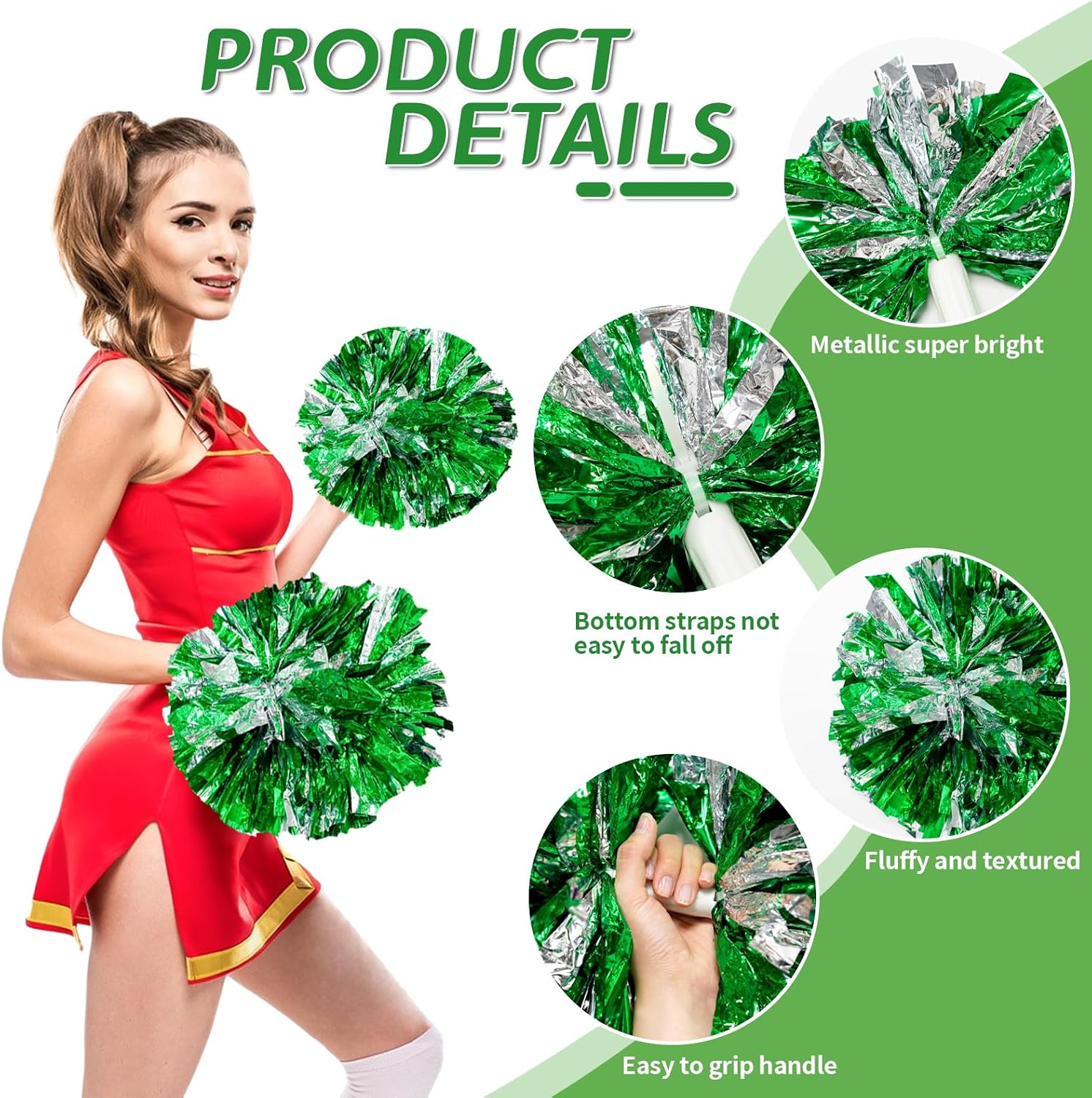 Thumbnail 1 de CREATIEE-PRO Cheer Pom Poms, Metallic Green-Silver 4-Piece Set