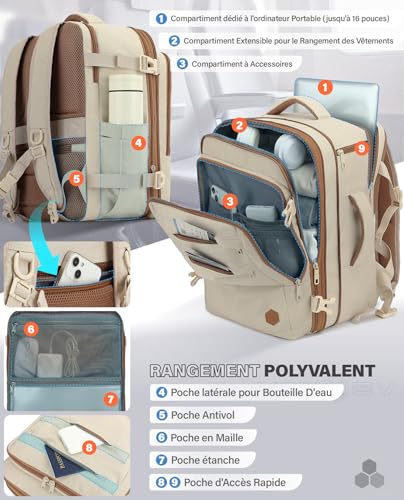 Detalle 1 de VANKEV Sac à Dos Voyage Cabine extensible – 40x30x20 cm (étendable 40x30x25 cm) pour Ryanair et compagnies européennes