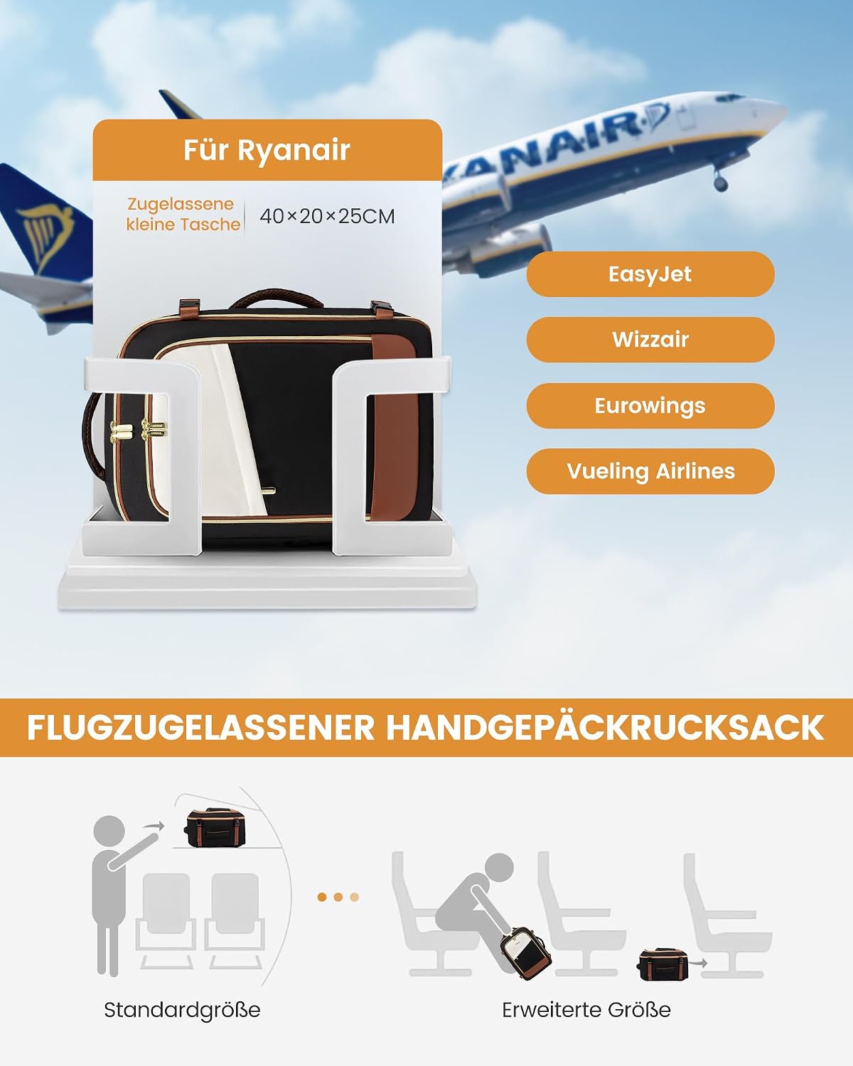 Detalle de LOVEVOOK Sac de voyage cabine 40 x 30 x 20 cm, sac à dos étanche pour avion (Ryanair, EasyJet, etc.)