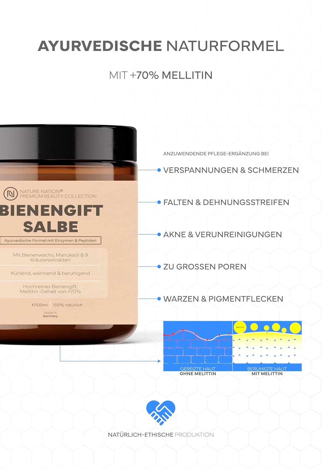 Detalle 2 de Bienengiftsalbe hochdosiert (+70% Melittin) – kühlend & wärmend, mit 9 Kräuterextrakten (Manuka, Aloe Vera, Eukalyptus) – Made in Germany
