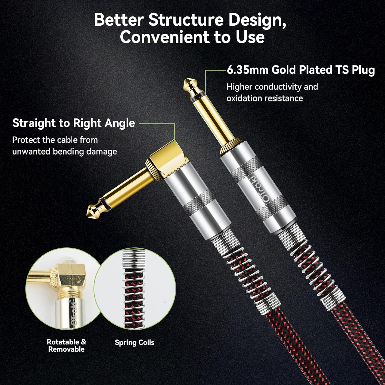 Detalle 2 de OTraki Guitar Cable, 20 ft 1/4-Inch TS, Right-Angle Plug, Braided