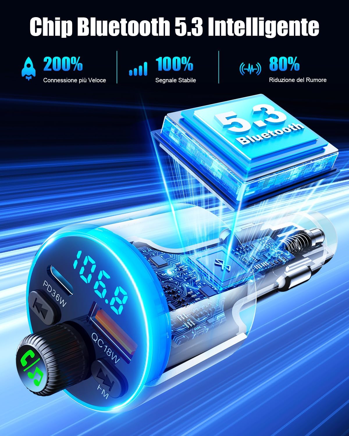 Thumbnail 2 de EOIWUY Aggiornato Trasmettitore FM Bluetooth 5.3 per Auto con ricarica rapida PD36W + QC3.0, suono Hi-Fi e indicatore di tensione