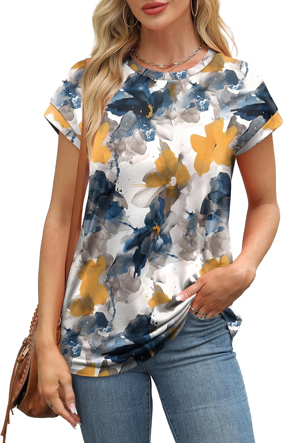 Thumbnail 2 de Aokosor Womens Summer Floral Printed Short Sleeve Crew Neck Blouse – Versatile UK-Style Top