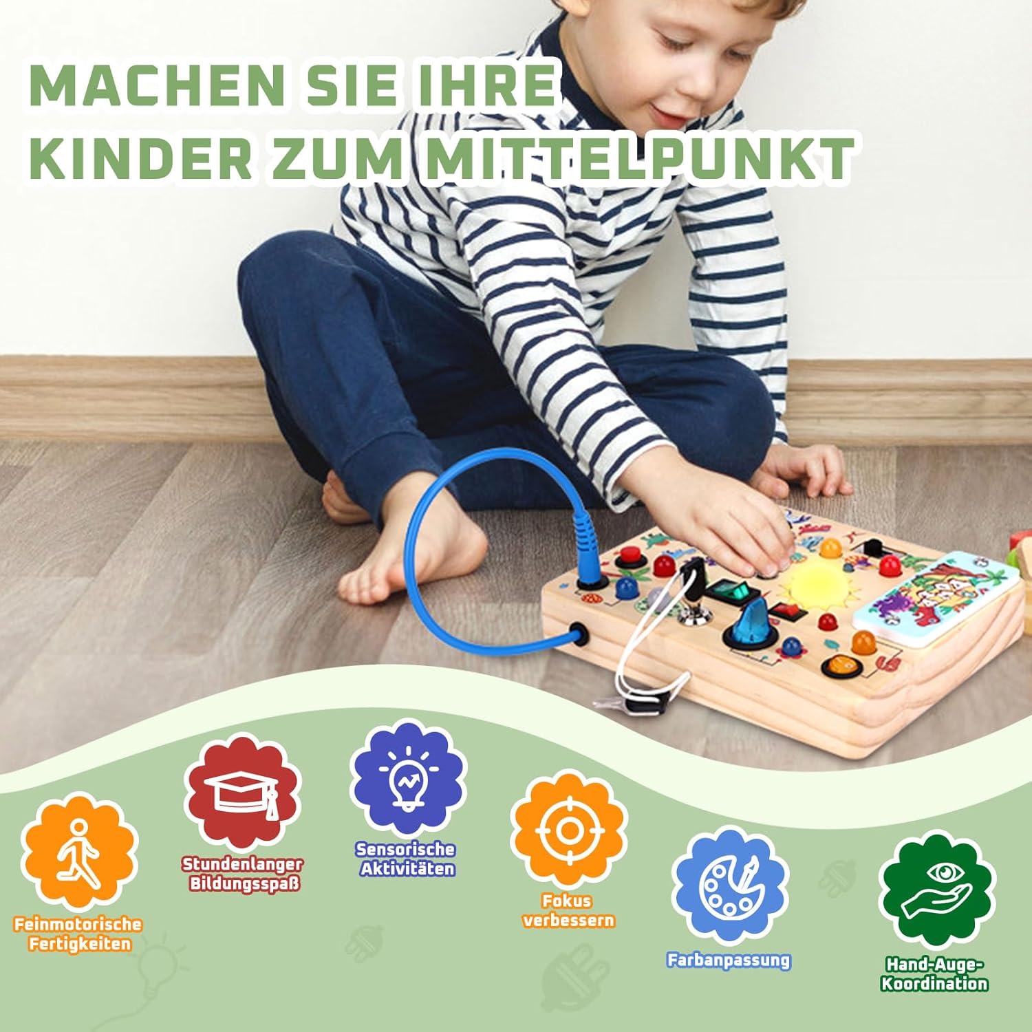 Thumbnail 4 de Hoarosall Dinosaurier Busy Board Montessori: Activity Board aus Holz mit 10 Schaltern & 23 LED-Lichtern