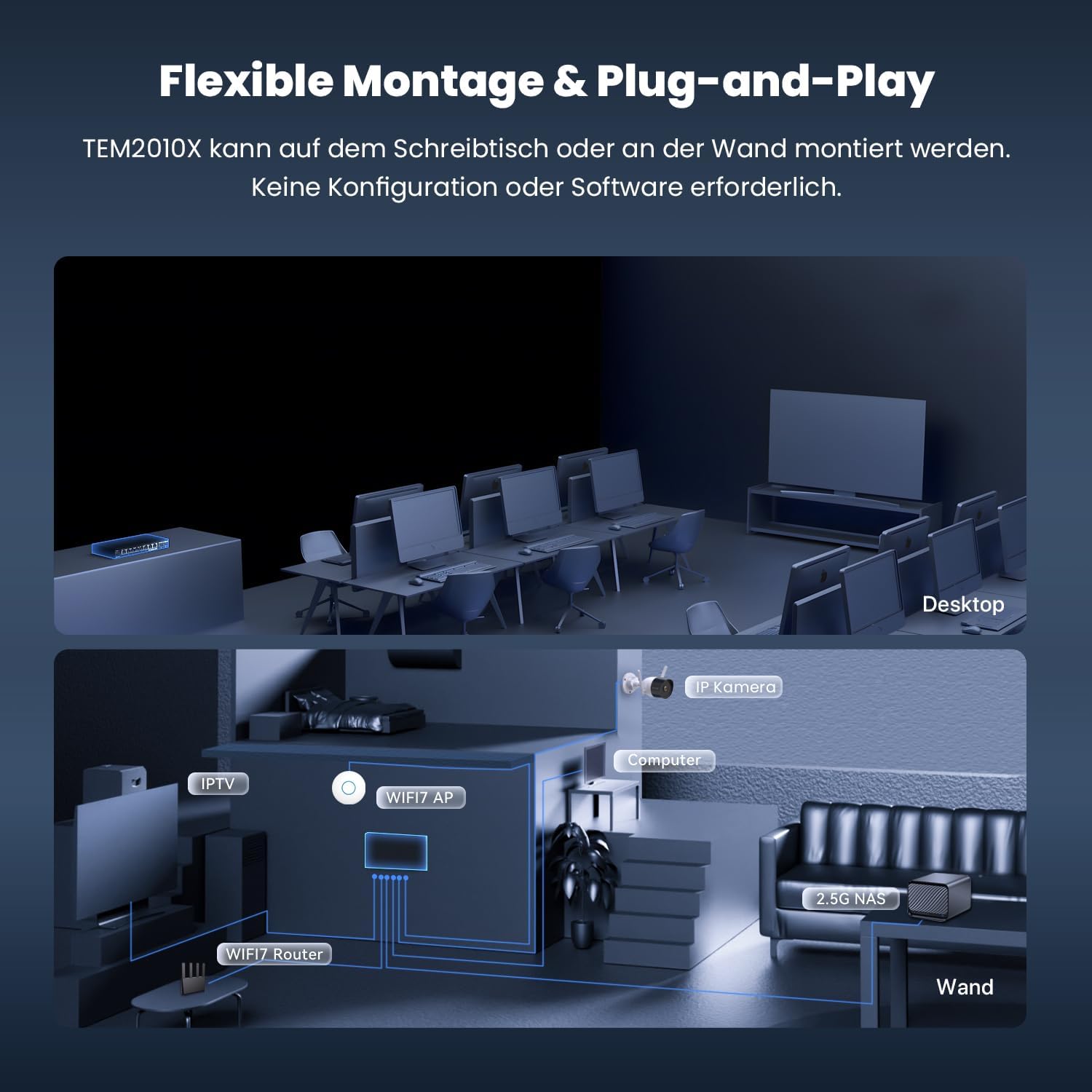 Thumbnail 3 de Tenda TEM2010X 2,5-GBit-Switch mit 8x 2,5G RJ45 und 2x 10G SFP+ (VLAN, statische Aggregation, lüfterlos, Desktop-/Wandmontage)