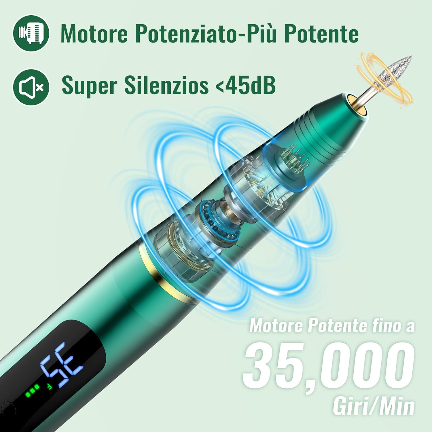 Detalle 2 de Fresa ELettrica NAILGIRLS 11 in 1: manicure e pedicure gel portatile, 35000 RPM, LED inteligente