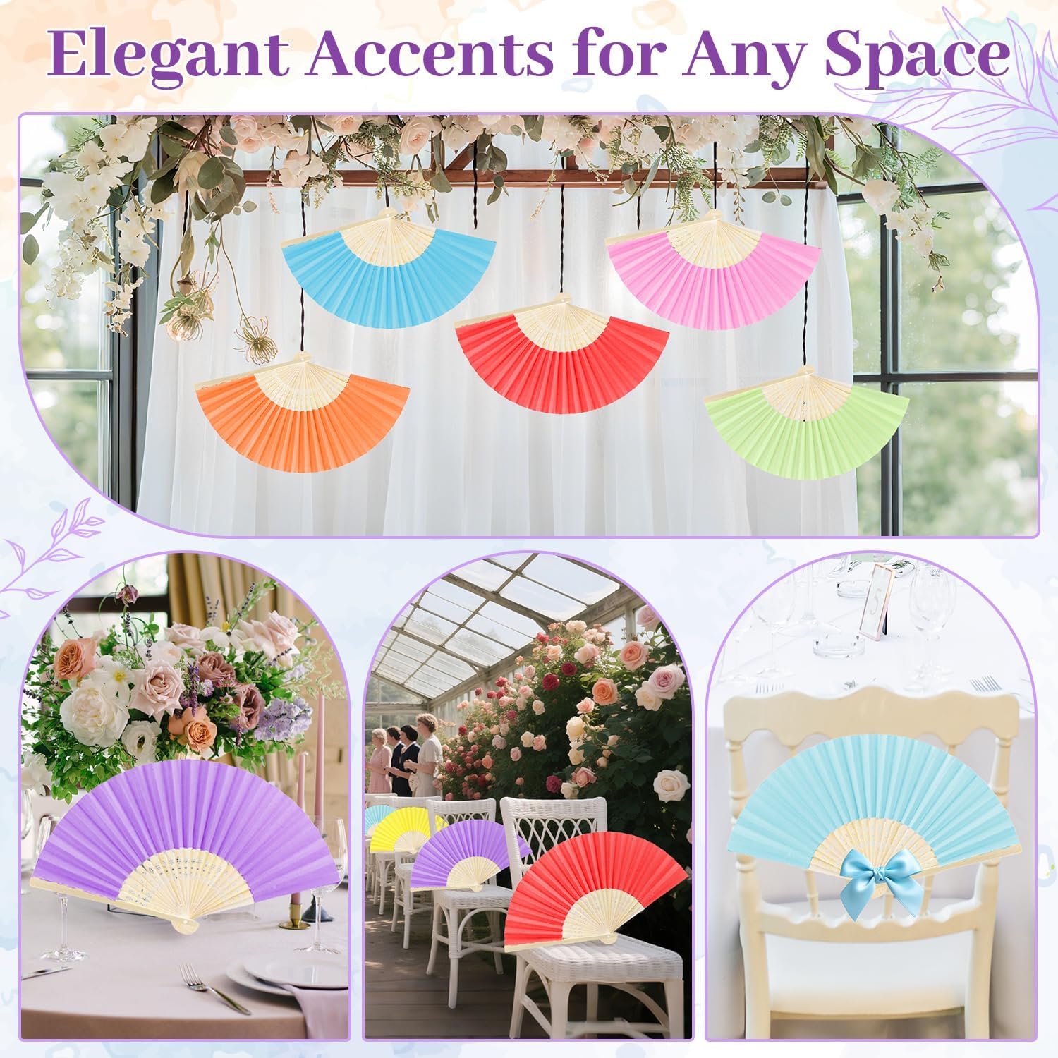 Detalle 2 de iZoeL 24 Pack Folding Hand Fans: Paper & Bamboo, 12 Colours – Ideal for Weddings, Parties and DIY