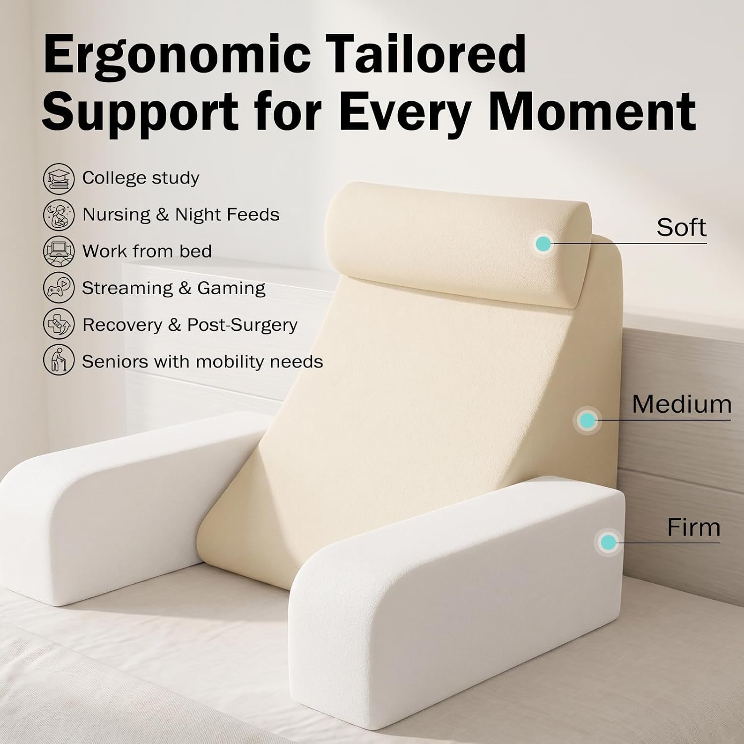 Detalle de ENITYA 19" Reading Pillow for Bed with Firm Back Support & Big Pockets