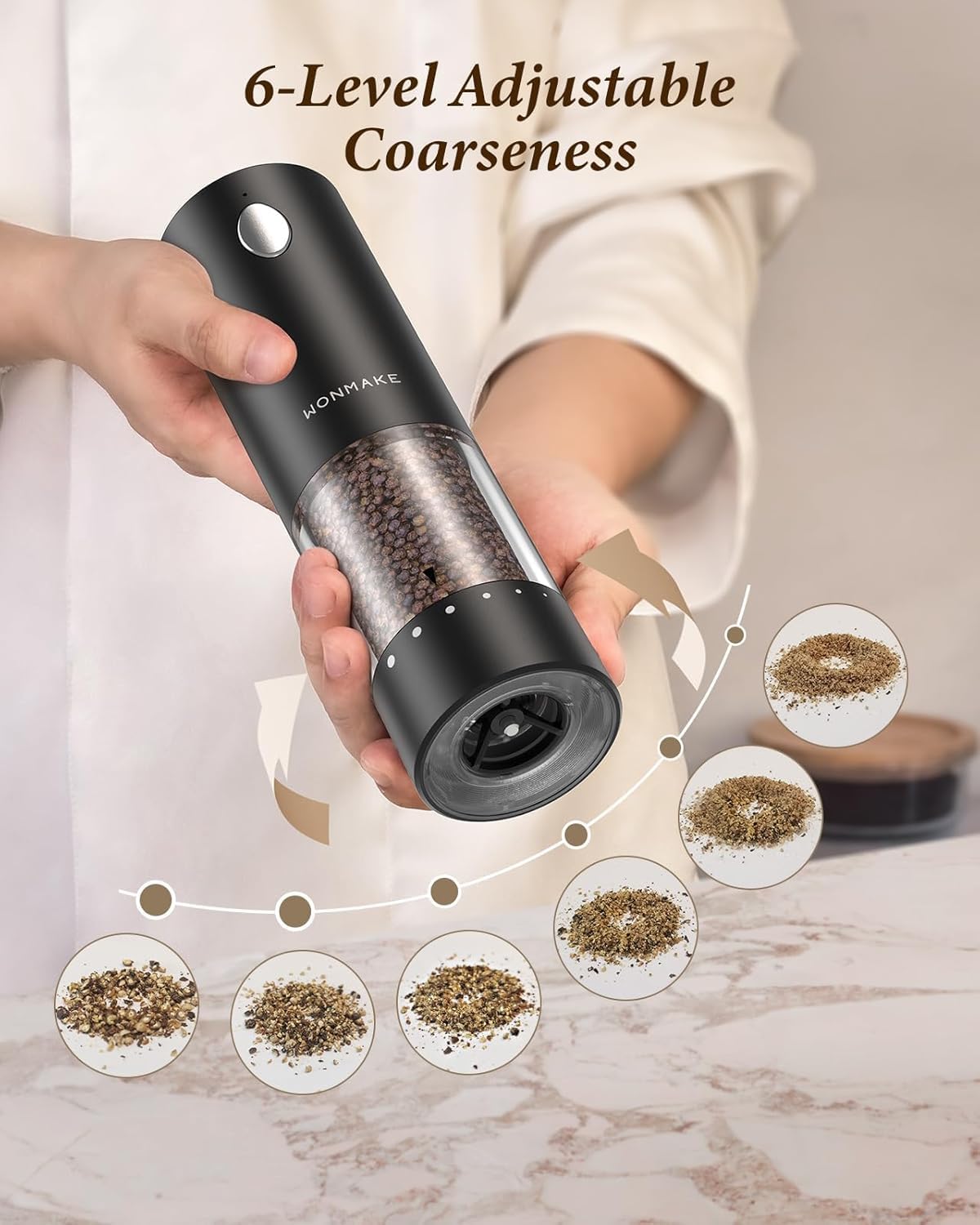 Thumbnail 1 de WONMAKE Electric Salt and Pepper Grinder Set with Dual USB Charging Base & LED Light (6 Grind Levels)