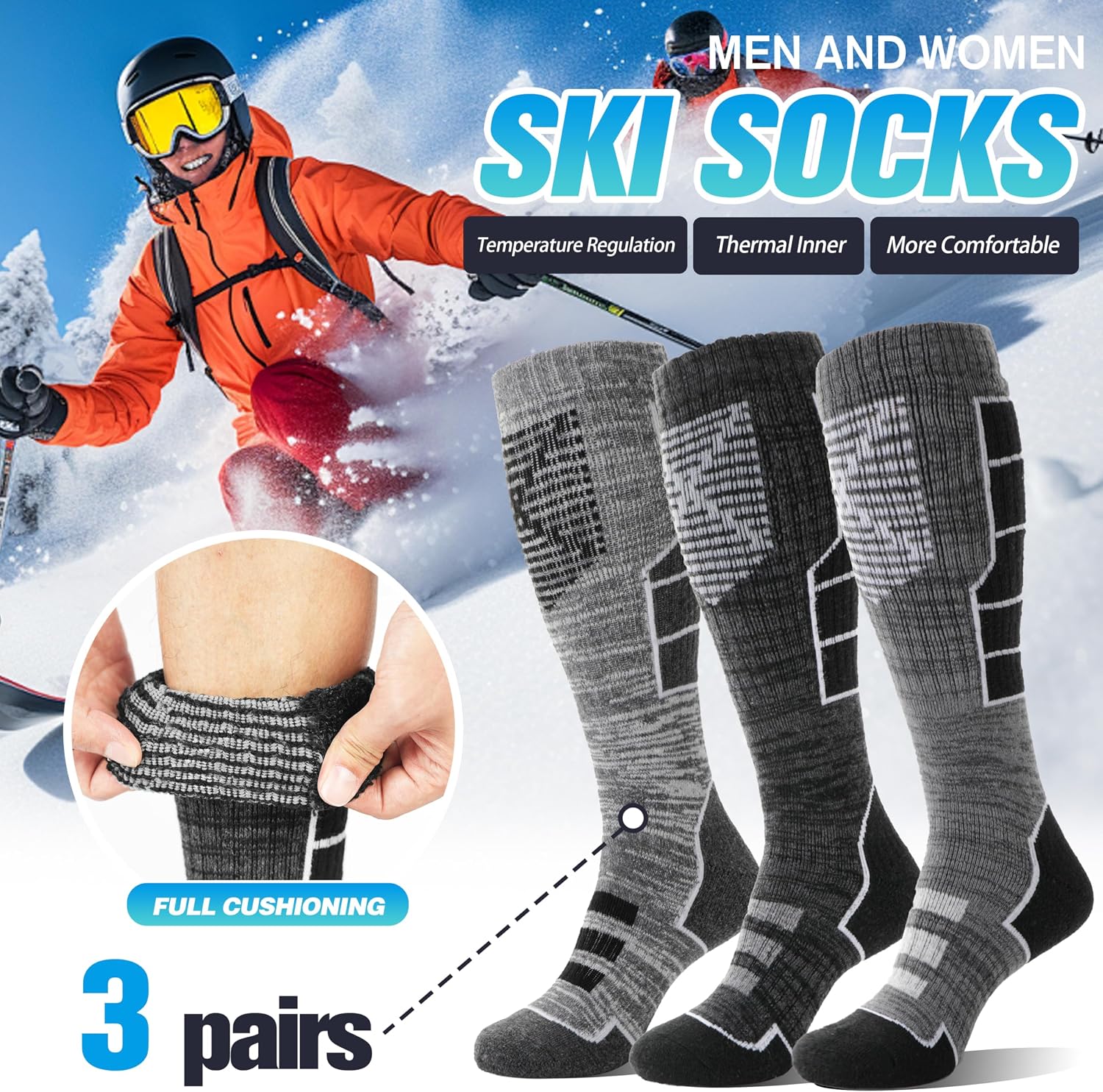 Detalle de Anlisim 3 Pairs Merino Wool Ski Socks, Knee-High with Cushioning and Arch Support