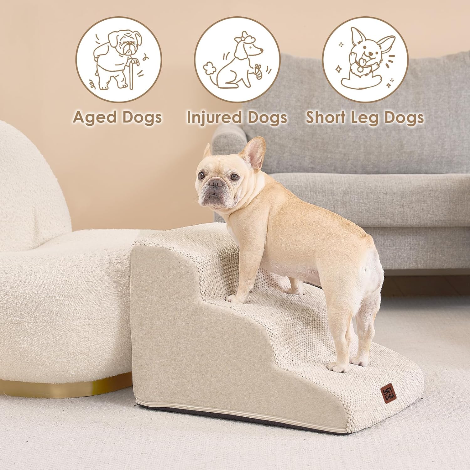 Detalle de EHEYCIGA Curved 3-Step Dog Stairs for Bed and Sofa with Washable Cover